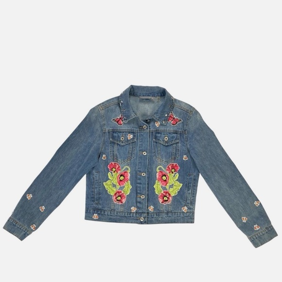 Bagatelle Collection Embroidered Floral Butterfly Bee Trucker Denim Jack… - Picture 6 of 15